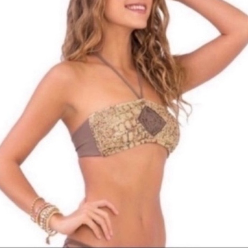 Luli Fama Tan and Brown Bandeau Bikini Top M